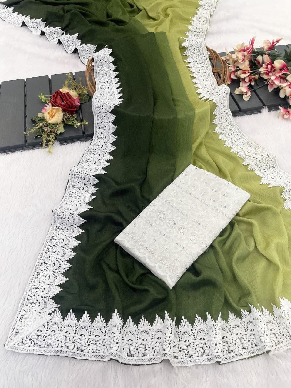 CHINNON PEDDING SAREE WITH WHITE CHIKKAN BLOUSE