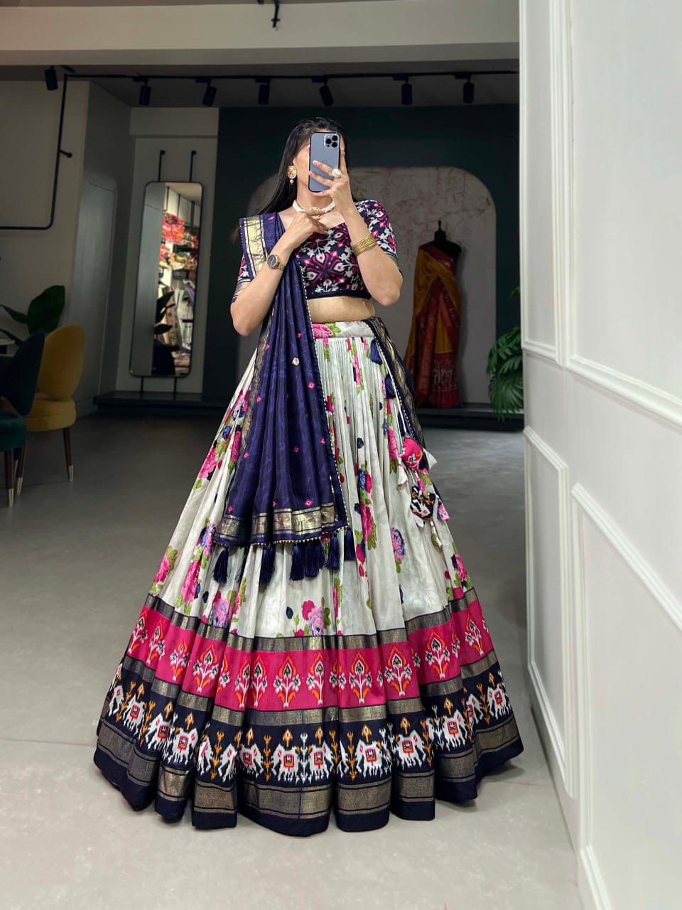 Elegant Floral Printed Lehenga Choli with Navy Blue Dupatta – Ethnic Festive Wear