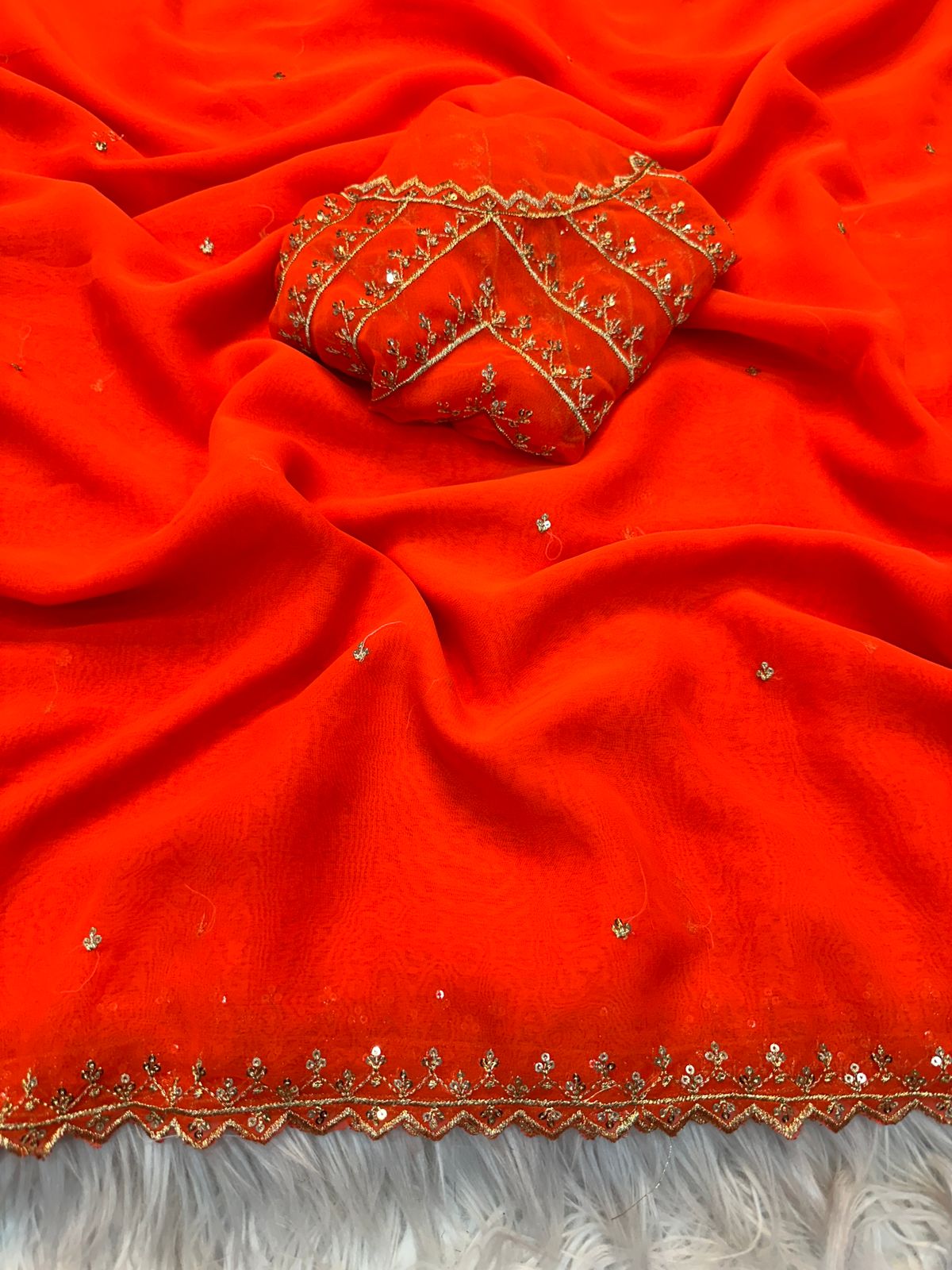 Pure Soft Georgatte Fabric Saree With Heavy Embroidery Work & Fancy Work Blouse