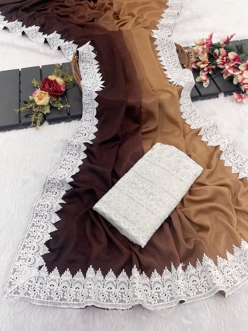 CHINNON PEDDING SAREE WITH WHITE CHIKKAN BLOUSE