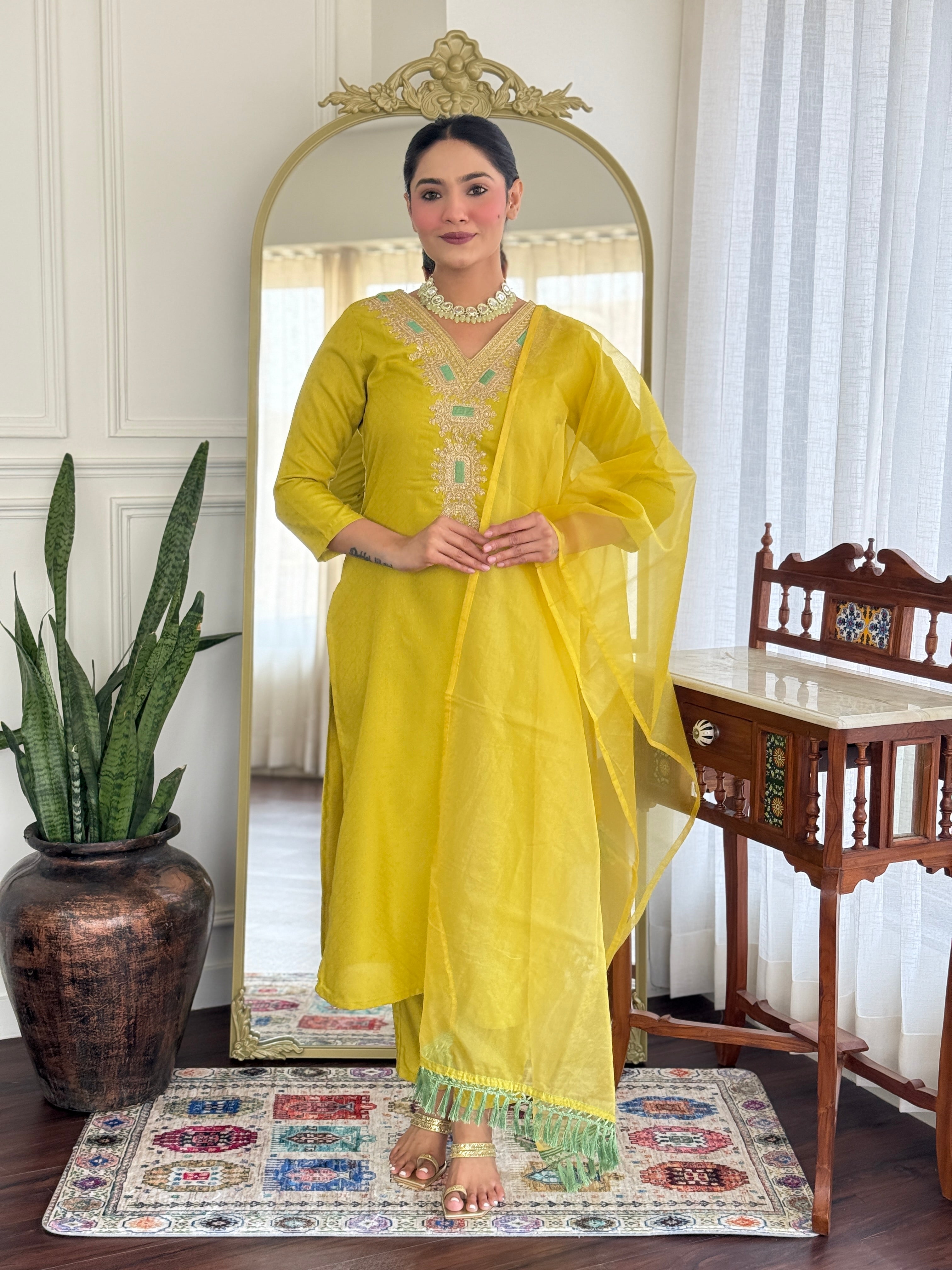 Sunshine Yellow Mirror Work Kurta Set with Organza Dupatta