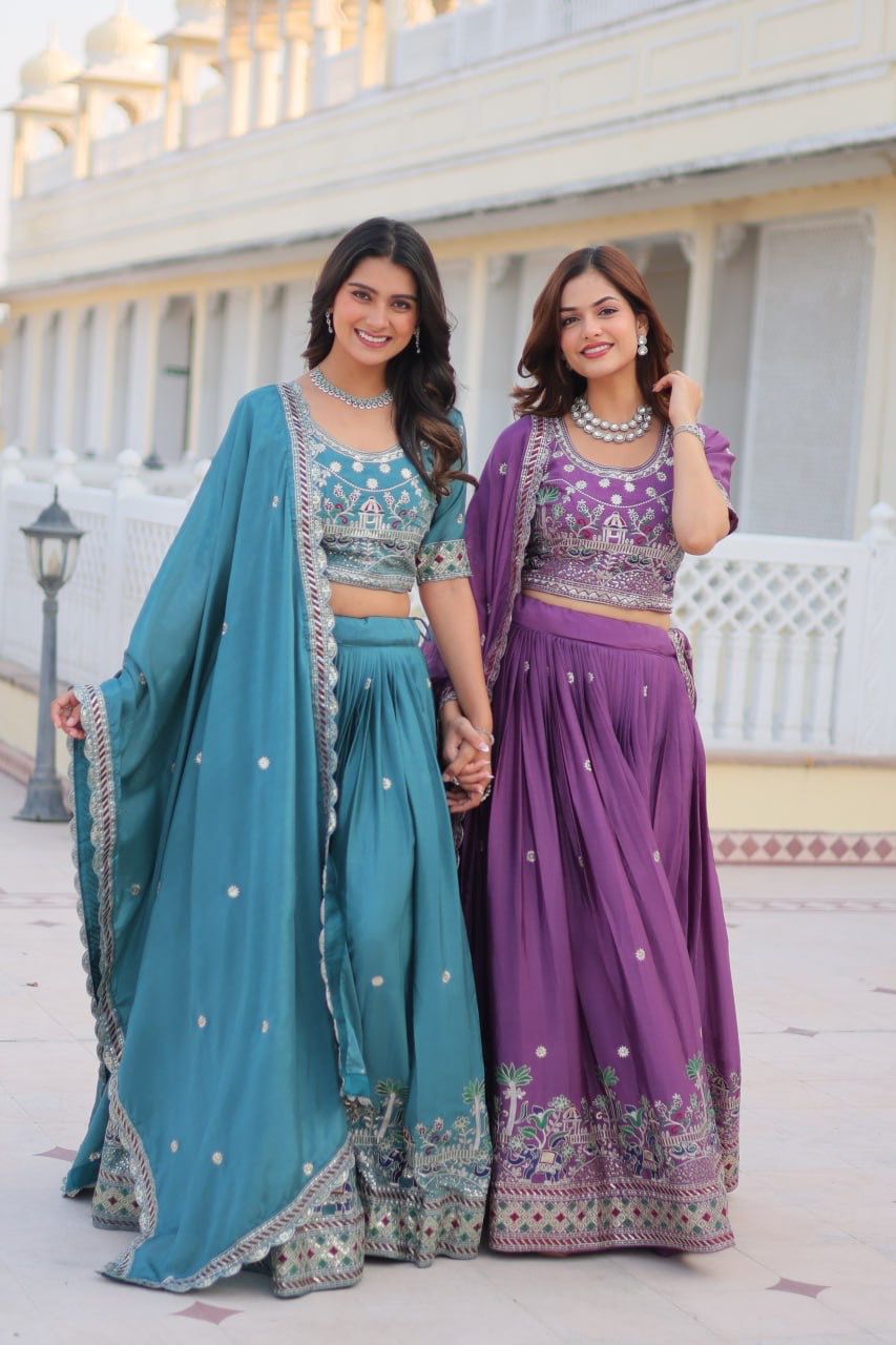 Royal Purple Embroidered Lehenga Set with Mirror Work & Dupatta