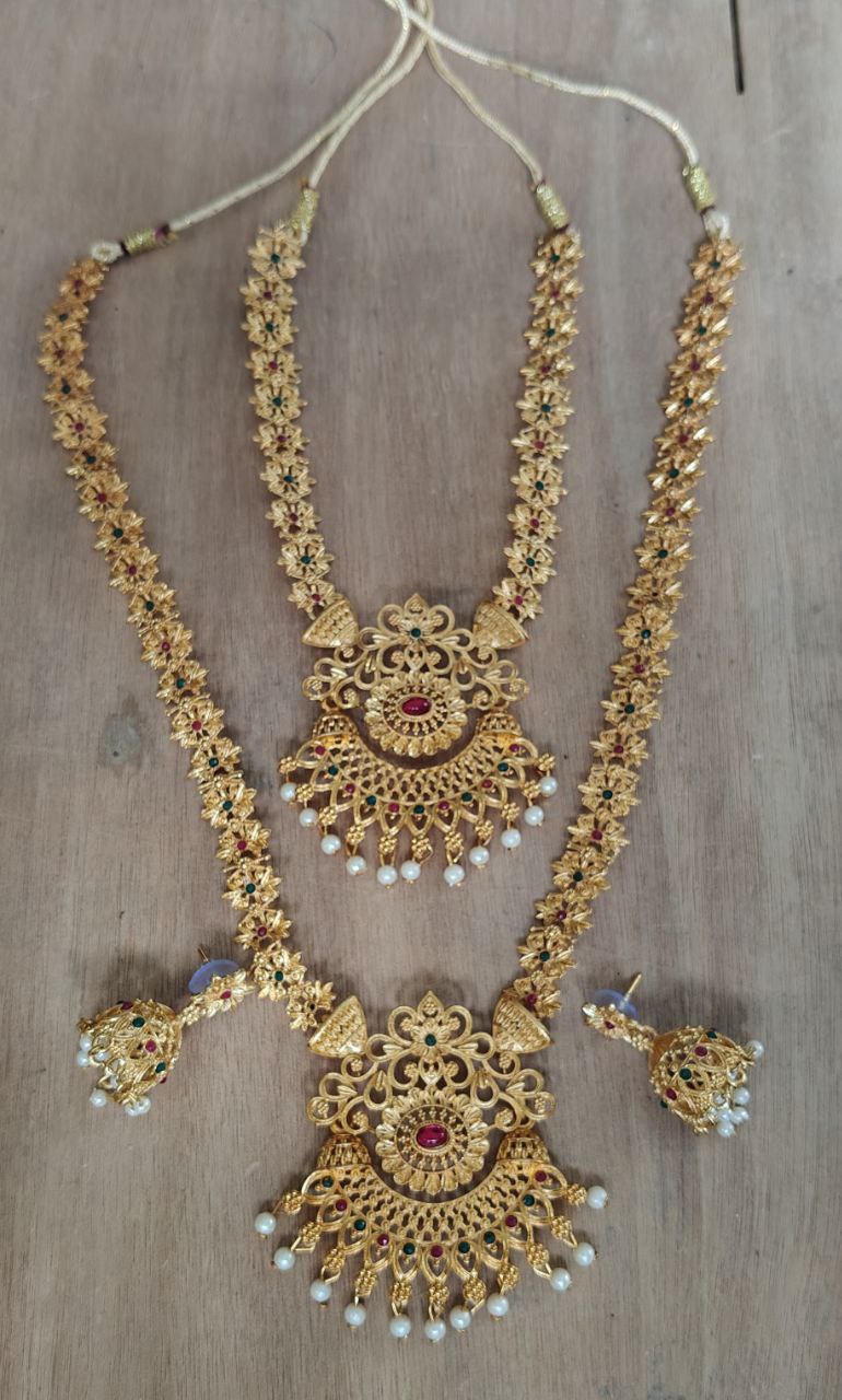 Traditional Gold-Plated Temple Jewelry Long Haram Set with Jhumka Earrings for Women