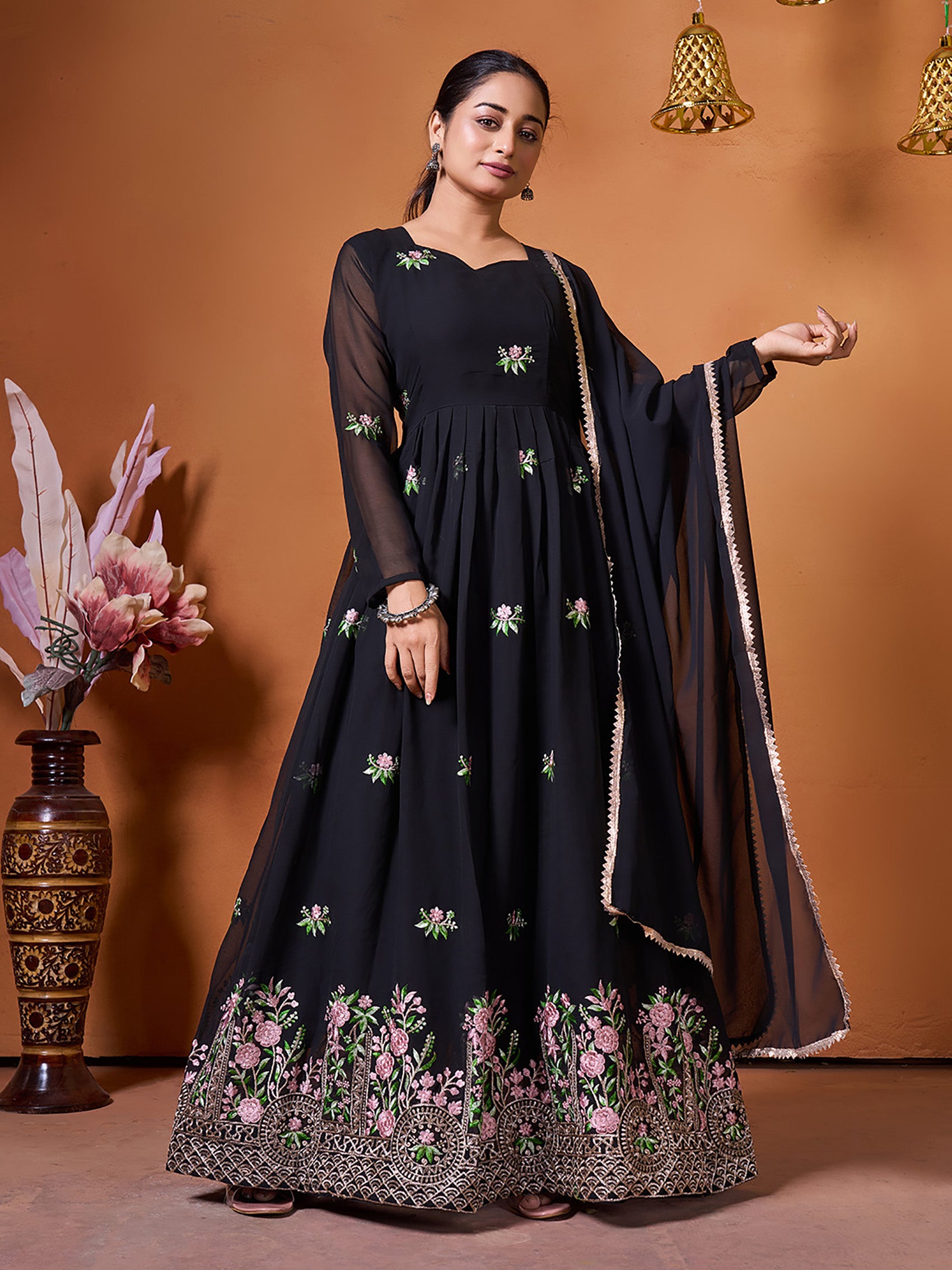 Embroidered Georgette Stitched Anarkali Gown With Dupatta