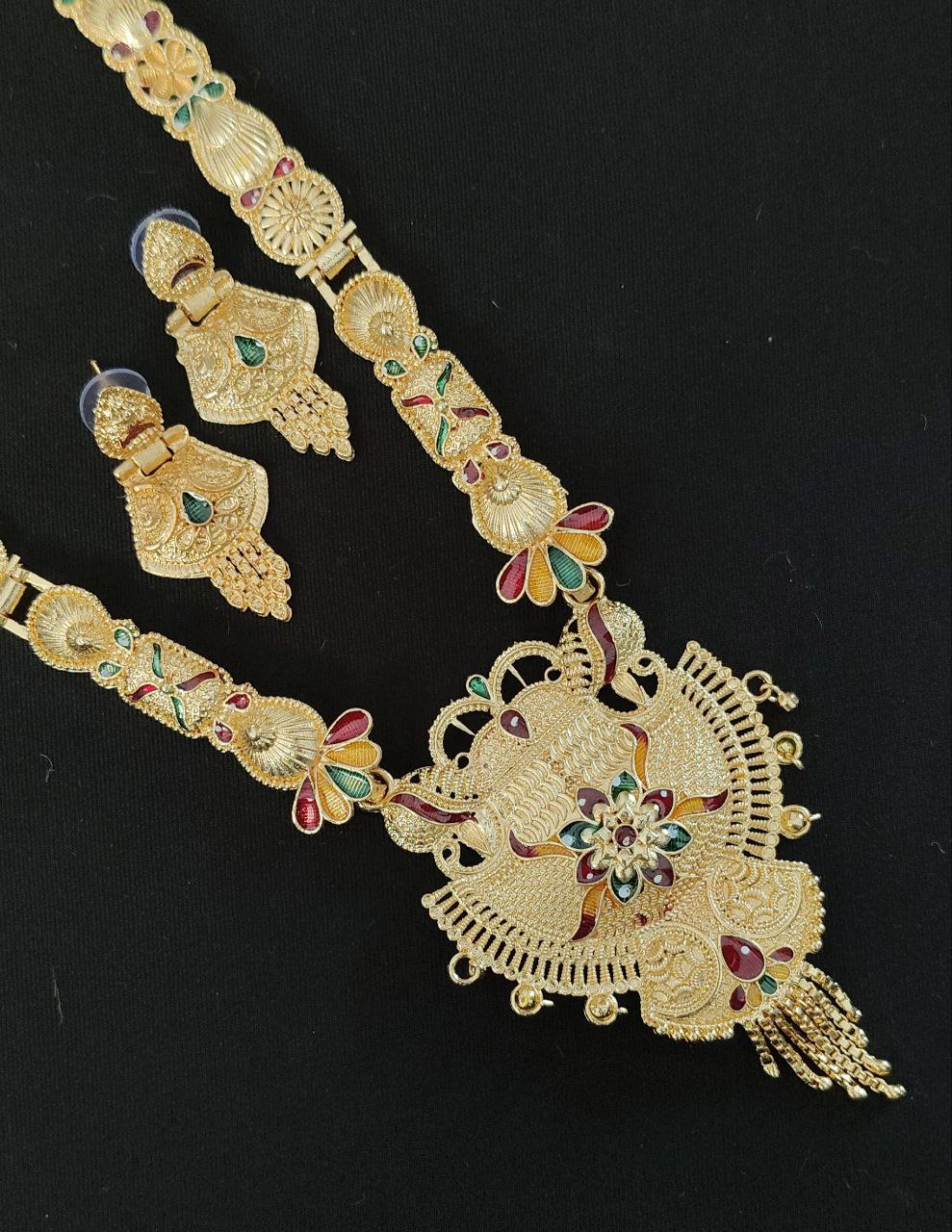 Traditional Gold-Plated Peacock Design Temple Necklace Set with Earrings for Women