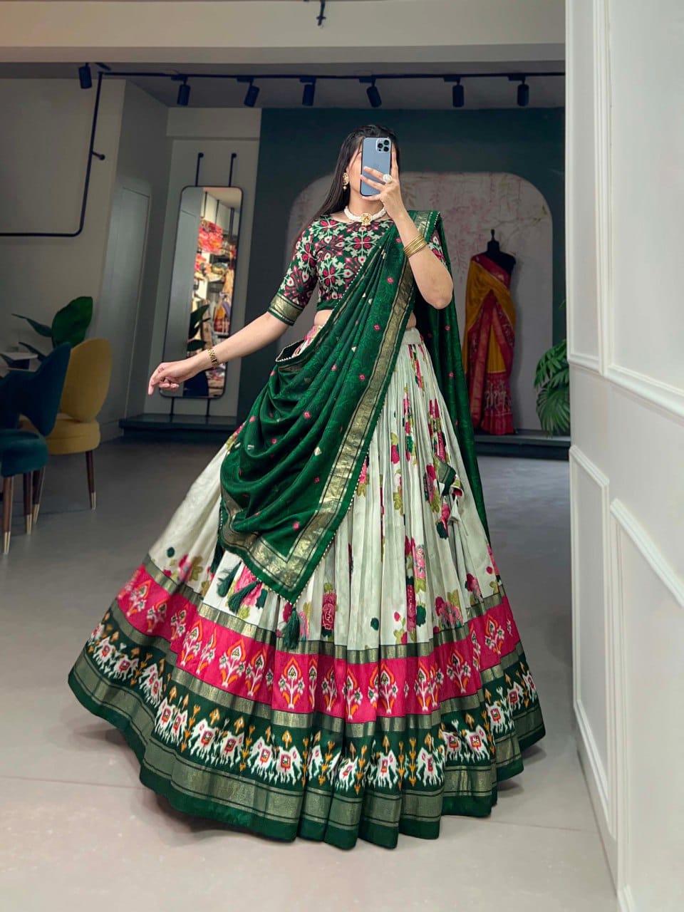 Elegant Floral Printed Lehenga Choli with Navy Blue Dupatta – Ethnic Festive Wear