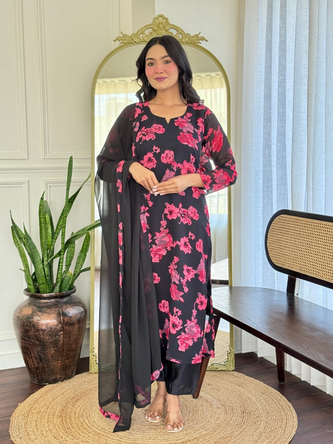 Black Floral Printed Kurta Set with Chiffon Dupatta