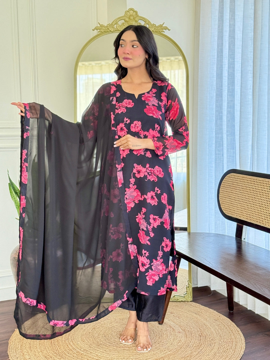 Black Floral Printed Kurta Set with Chiffon Dupatta