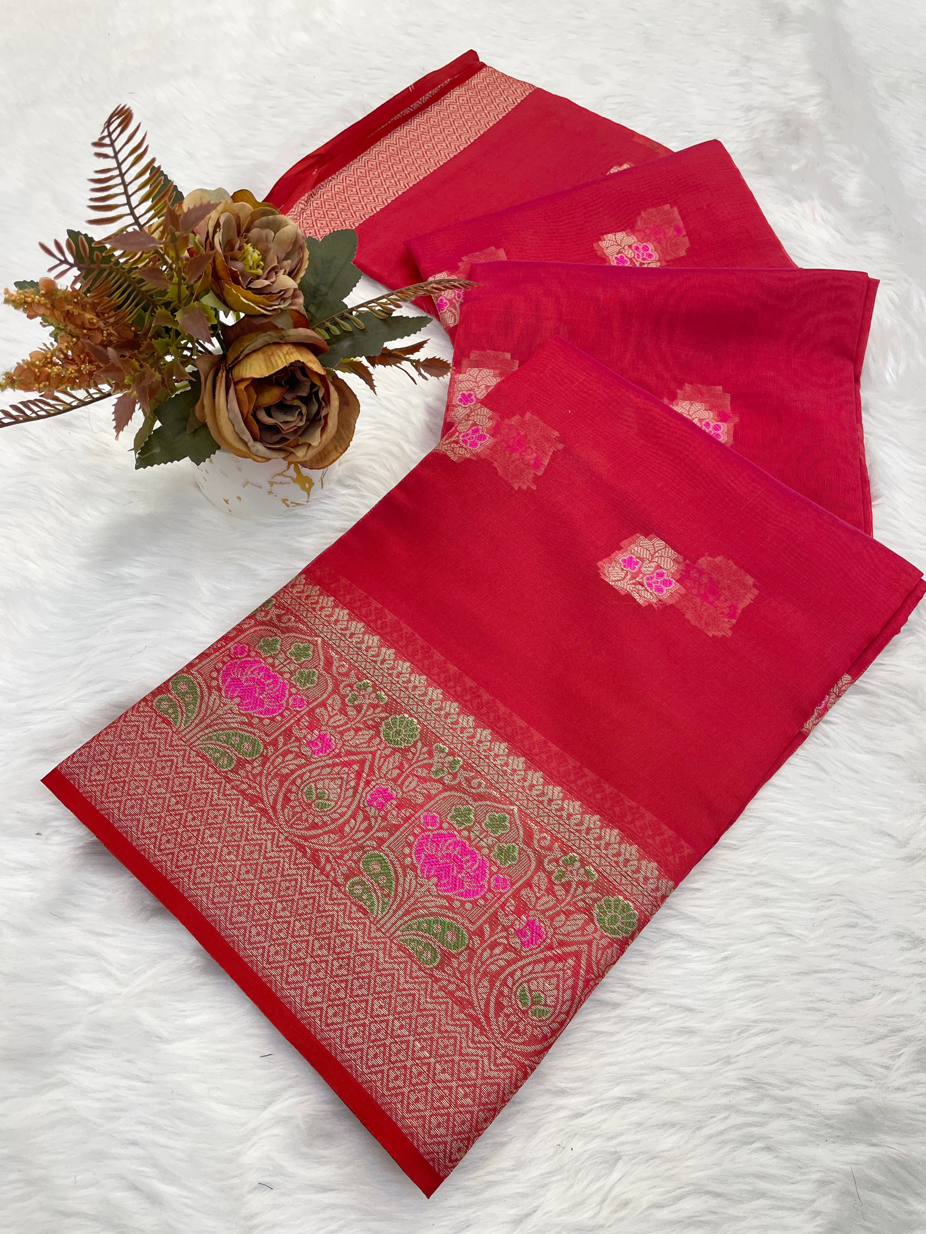 Organza Designer Border With Mina Butti With chitt pallu saree For women