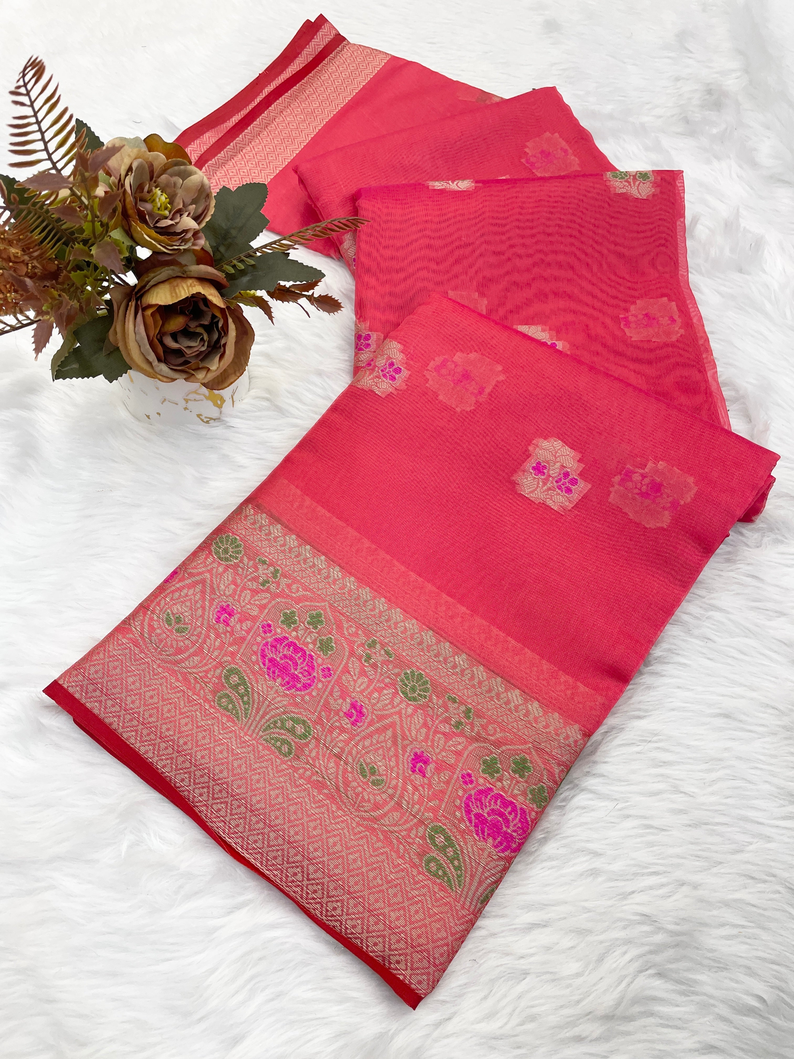 Organza Designer Border With Mina Butti With chitt pallu saree For women