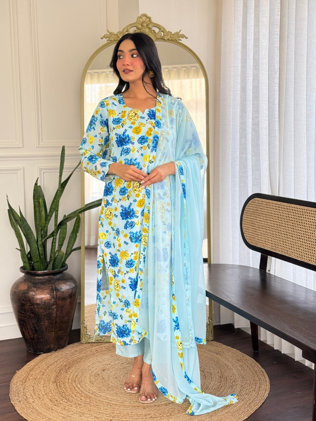 💙 Product Title: Sky Blue Floral Kurta Set with Printed Dupatta