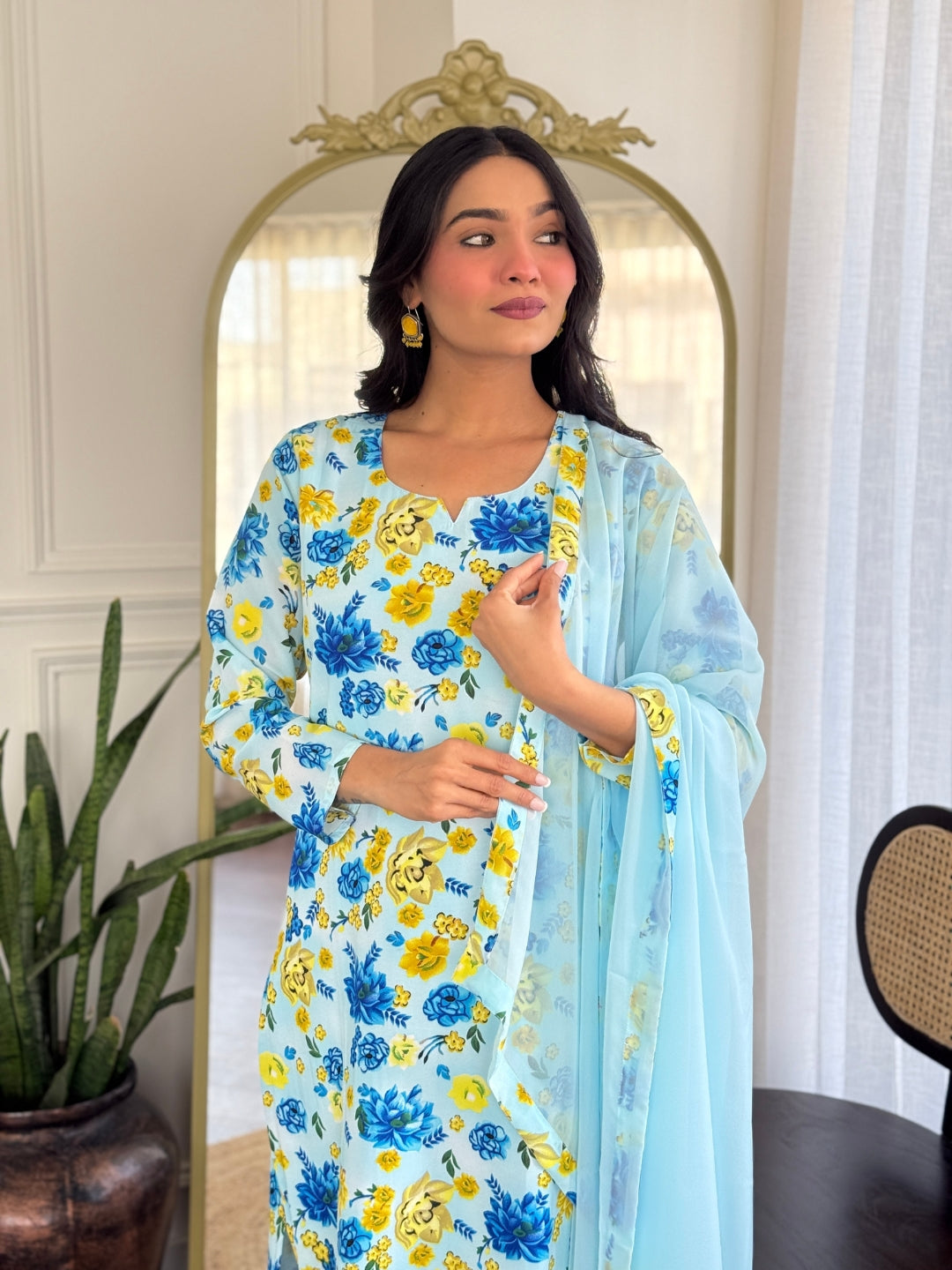 💙 Product Title: Sky Blue Floral Kurta Set with Printed Dupatta