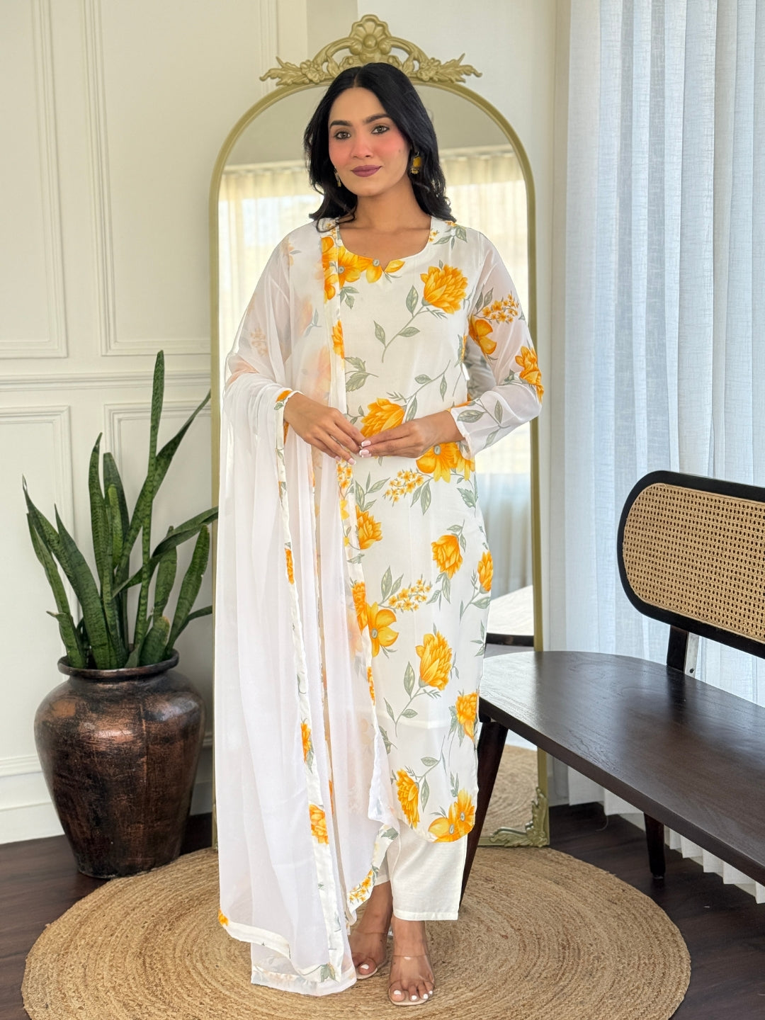 White Floral Kurta Set with Yellow Blossom Print & Dupatta