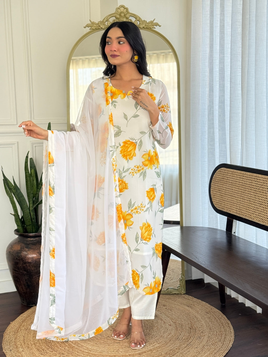 White Floral Kurta Set with Yellow Blossom Print & Dupatta