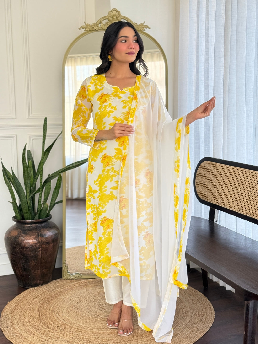 White & Yellow Floral Print Kurta Set with Dupatta
