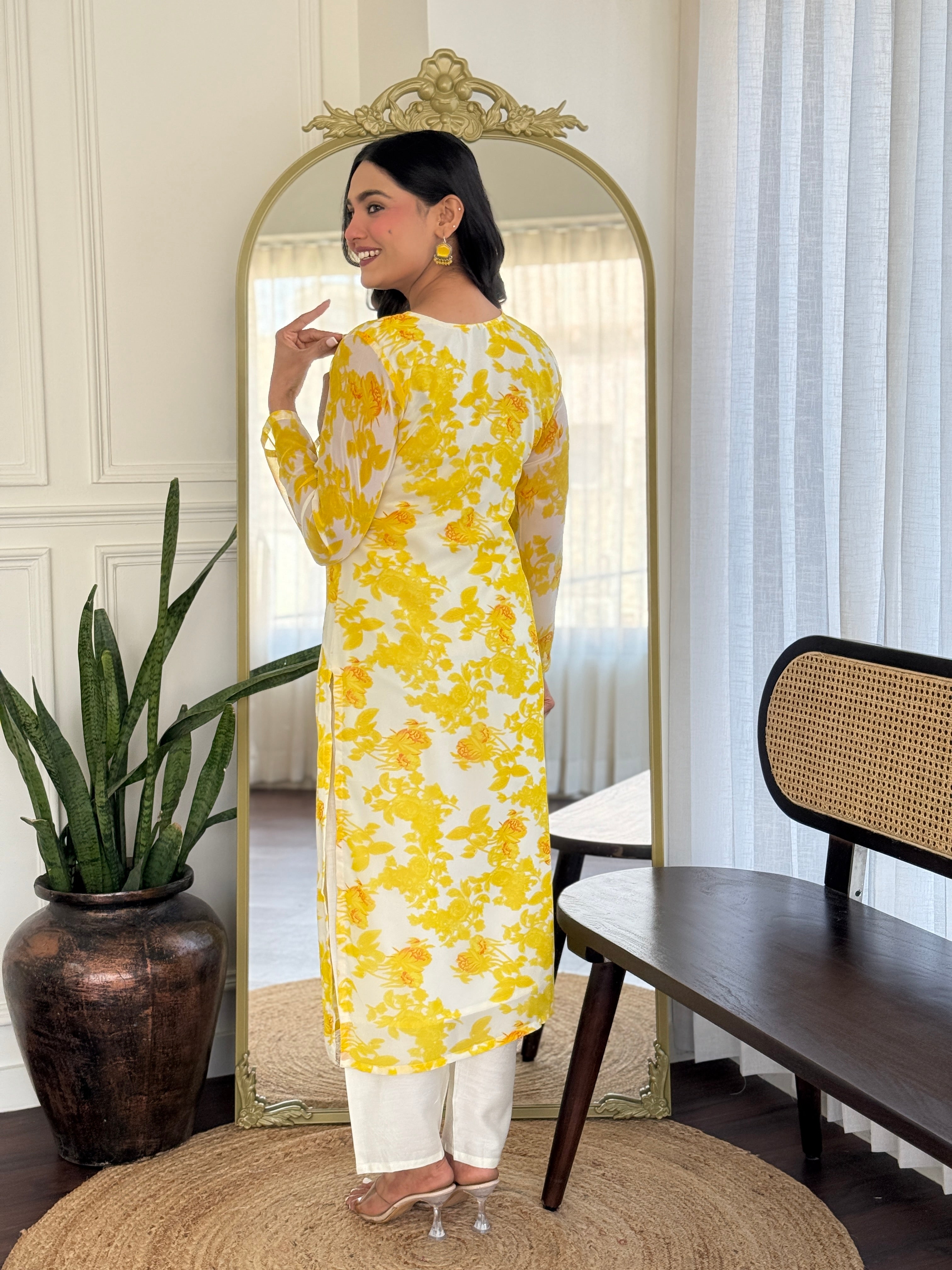 White & Yellow Floral Print Kurta Set with Dupatta