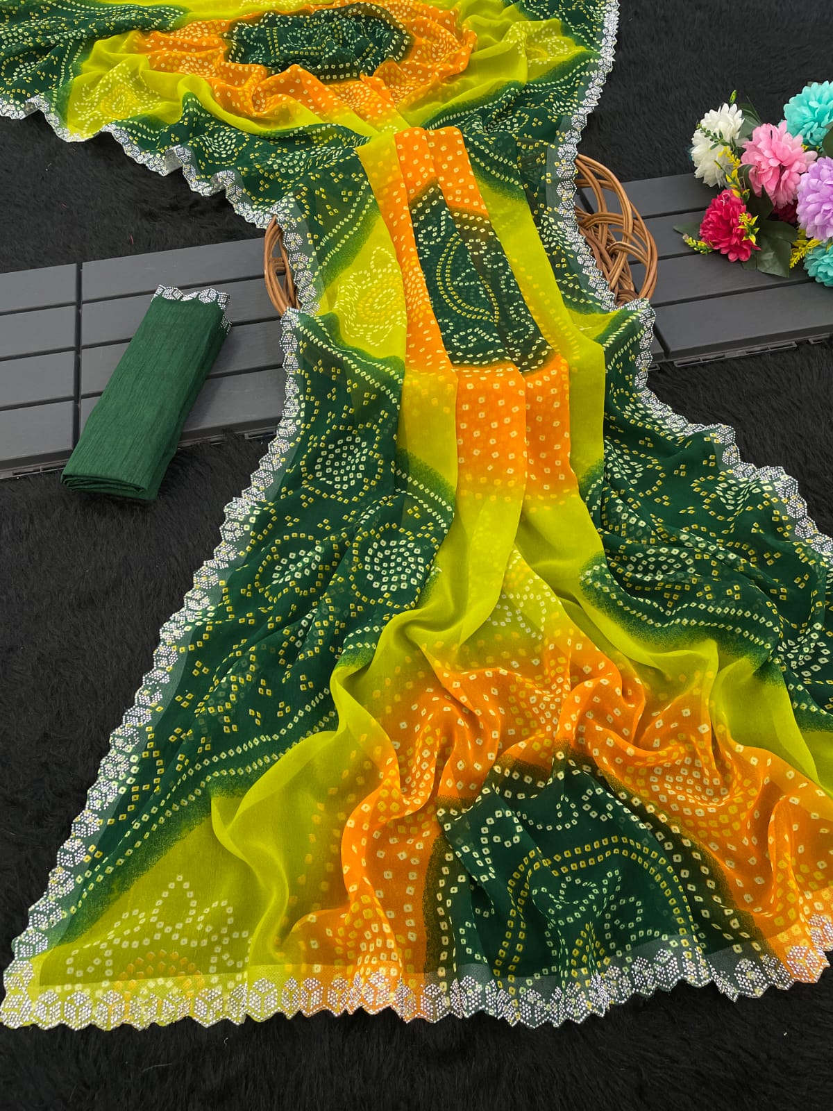 Vibrant Pink & Red Bandhani Georgette Saree with Lace Borde