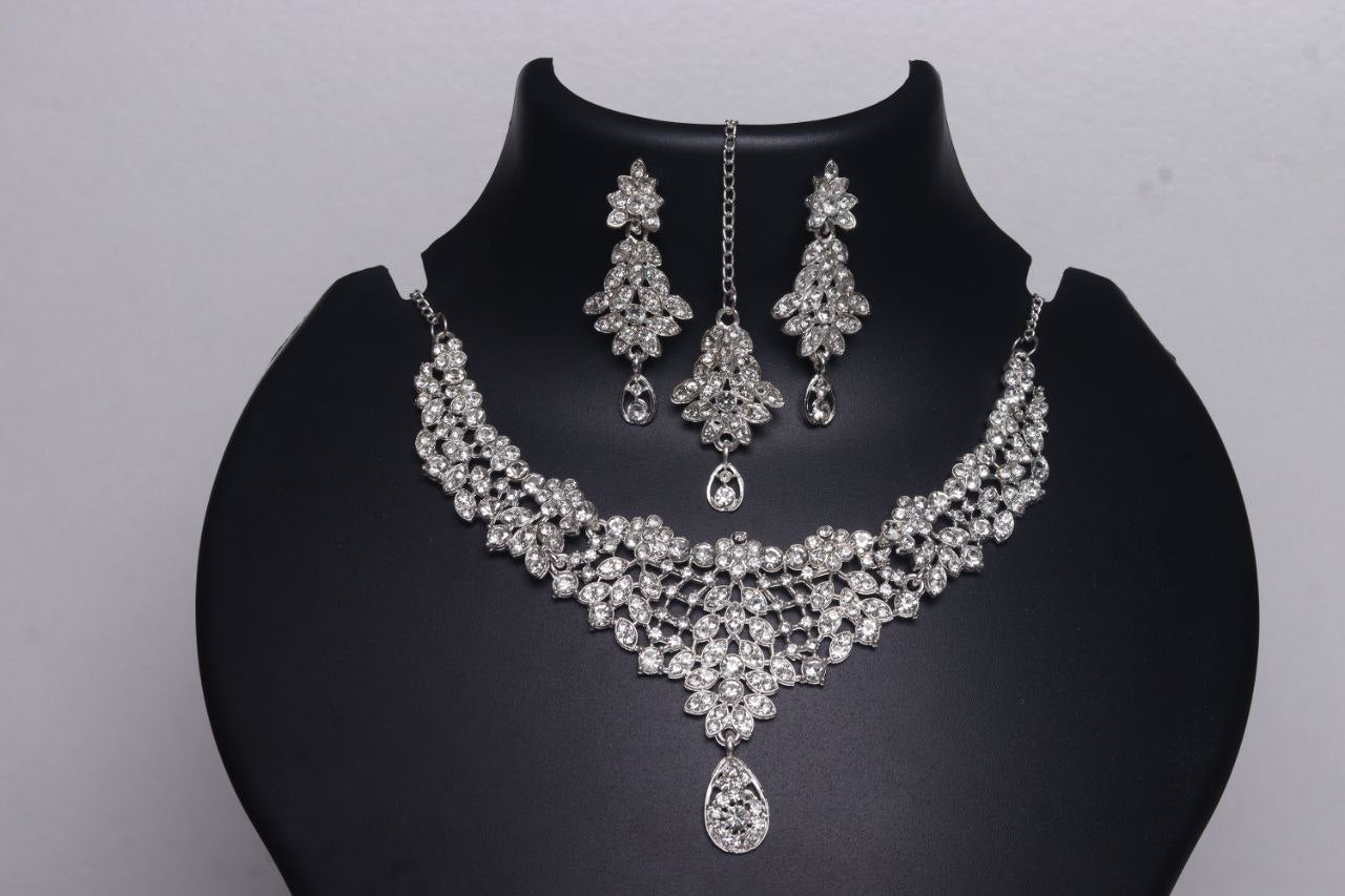 Sparkling Silver-Plated American Diamond Bridal Necklace Set with Earrings and Maang Tikka