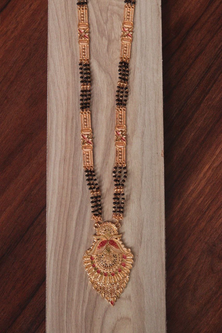 Traditional Long Gold Plated Designer Mangalsutra with Intricate Pendant for Women