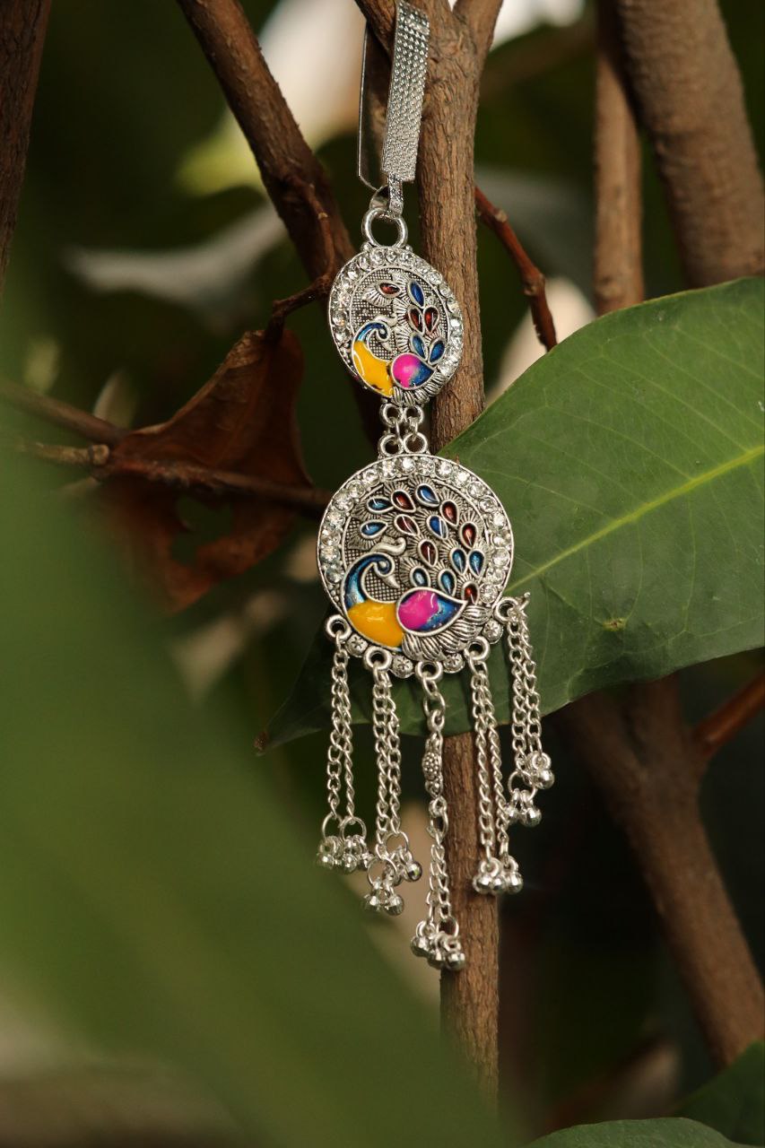 Oxidised Silver Dual Peacock Pendant with Color Enamel and Ghungroo Chains