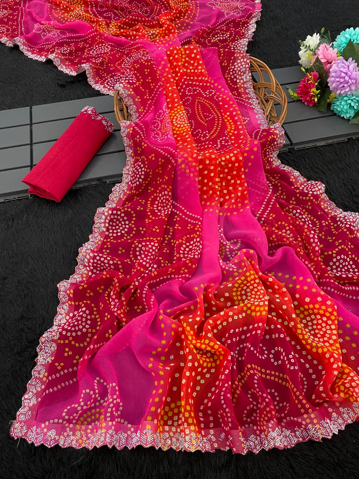 Vibrant Pink & Red Bandhani Georgette Saree with Lace Borde