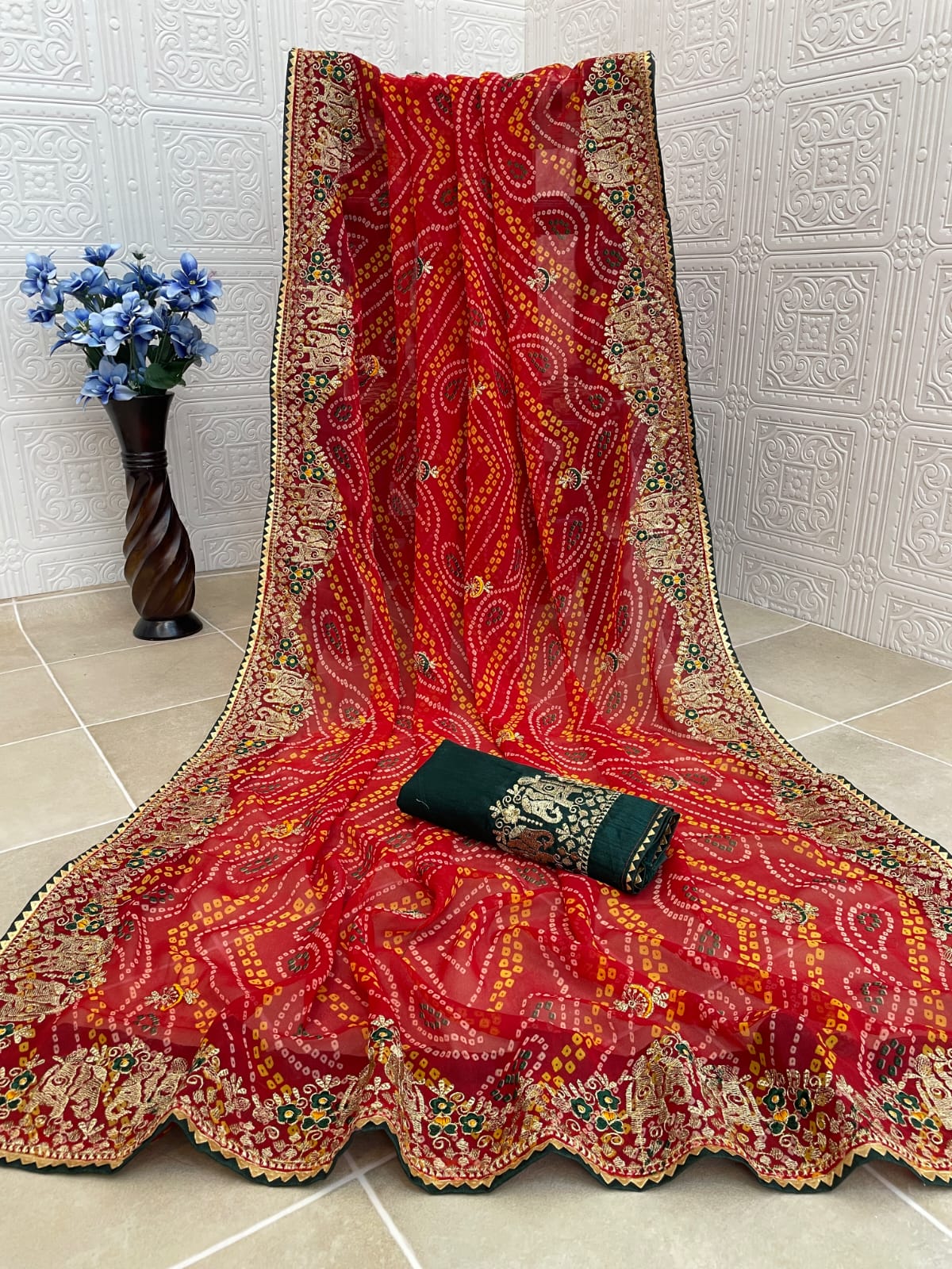 Traditional Red Bandhani Georgette Saree with Heavy Embroidered Border & Contrast Blouse