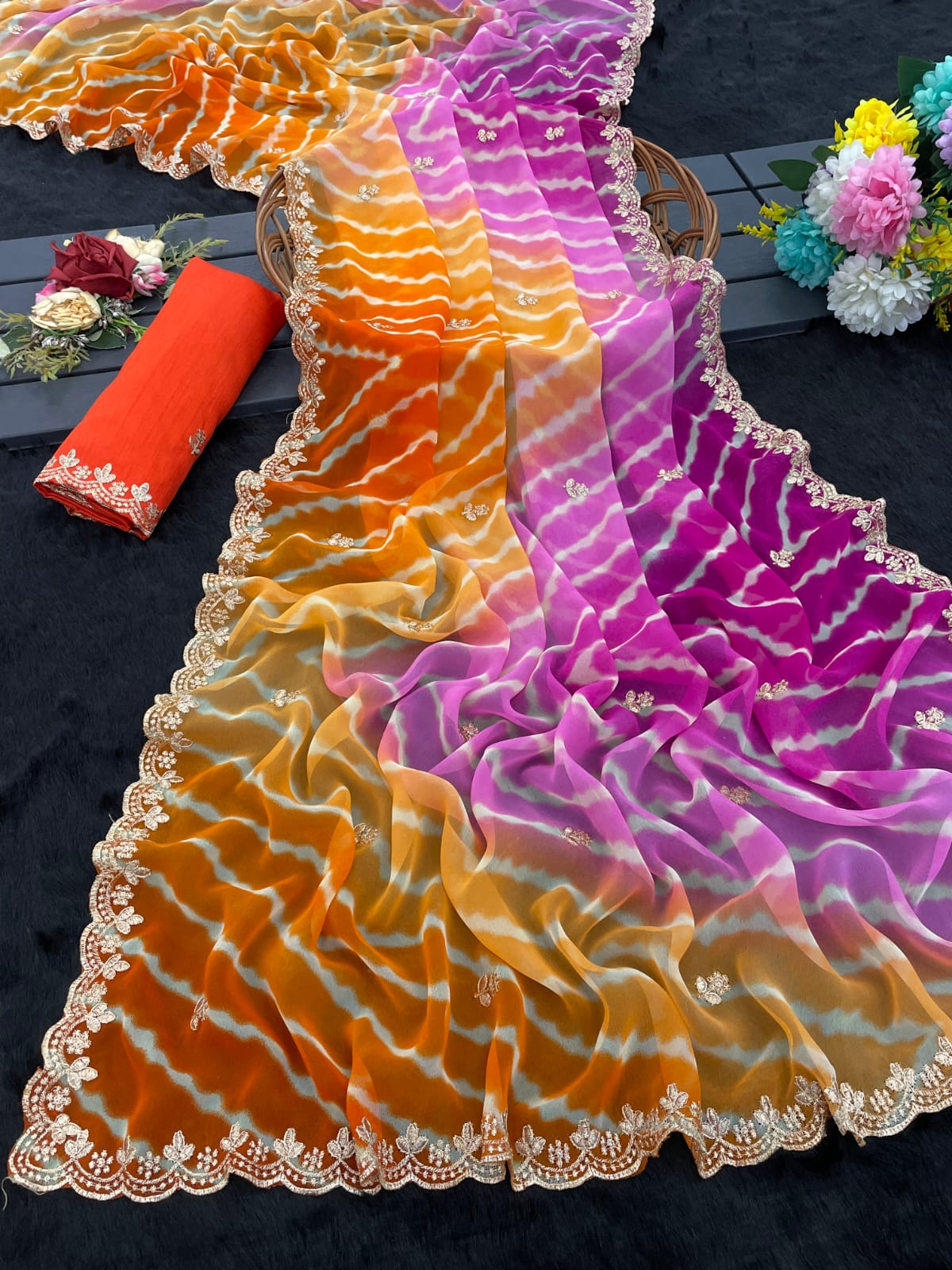 Orange & Pink Shaded Tie-Dye Georgette Saree with Embroidery Border