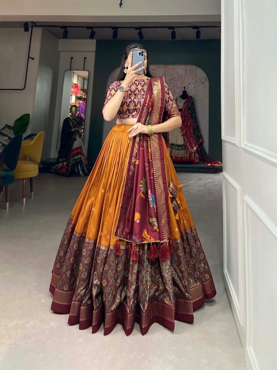 Traditional Mustard & Maroon Banarasi Lehenga with Embroidered Blouse and Dupatta