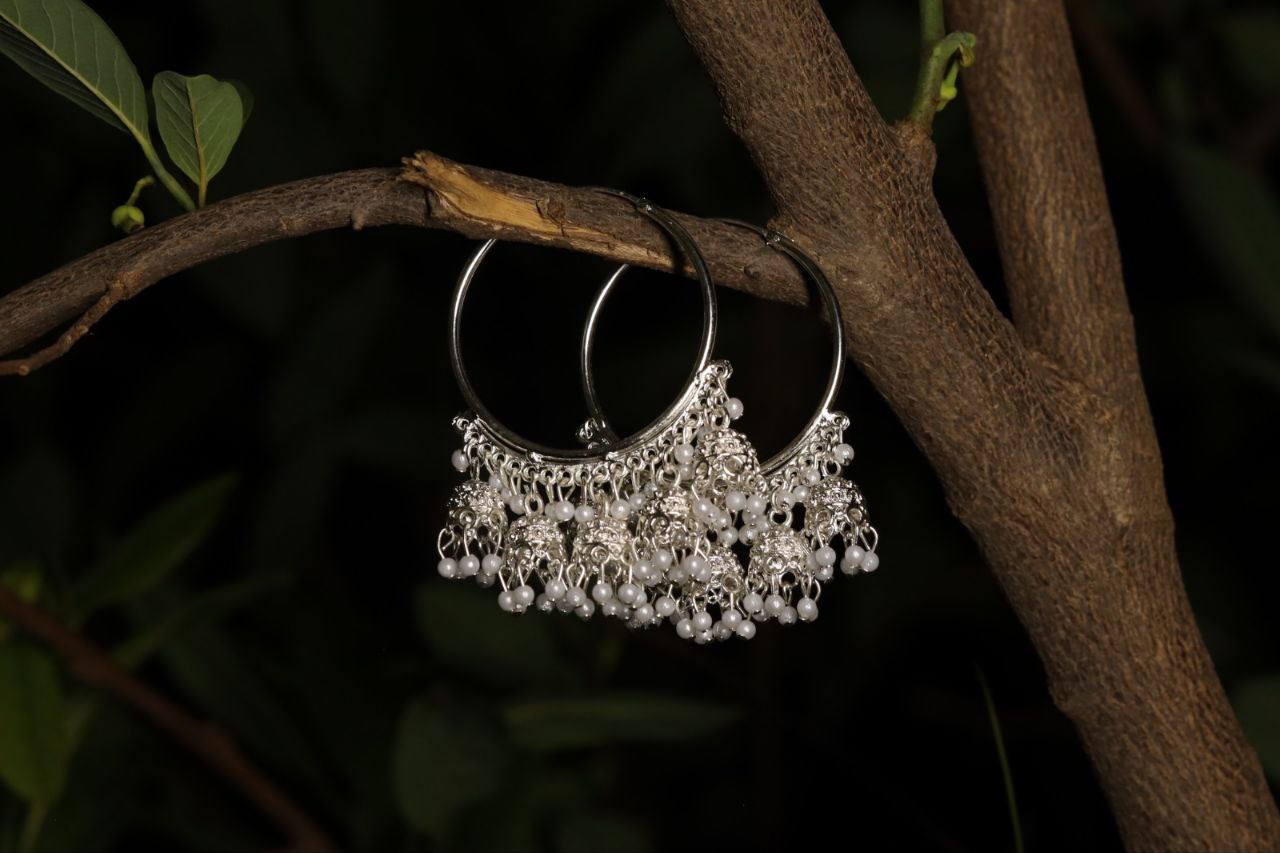 Oxidised Silver Hoop Earrings with Pearl Beaded Jhumka Danglers for Women & Girls