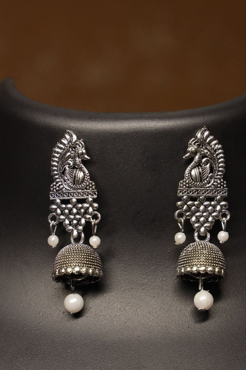 Oxidised Silver Triangle Peacock Feather Jhumka Earrings for Women & Girls