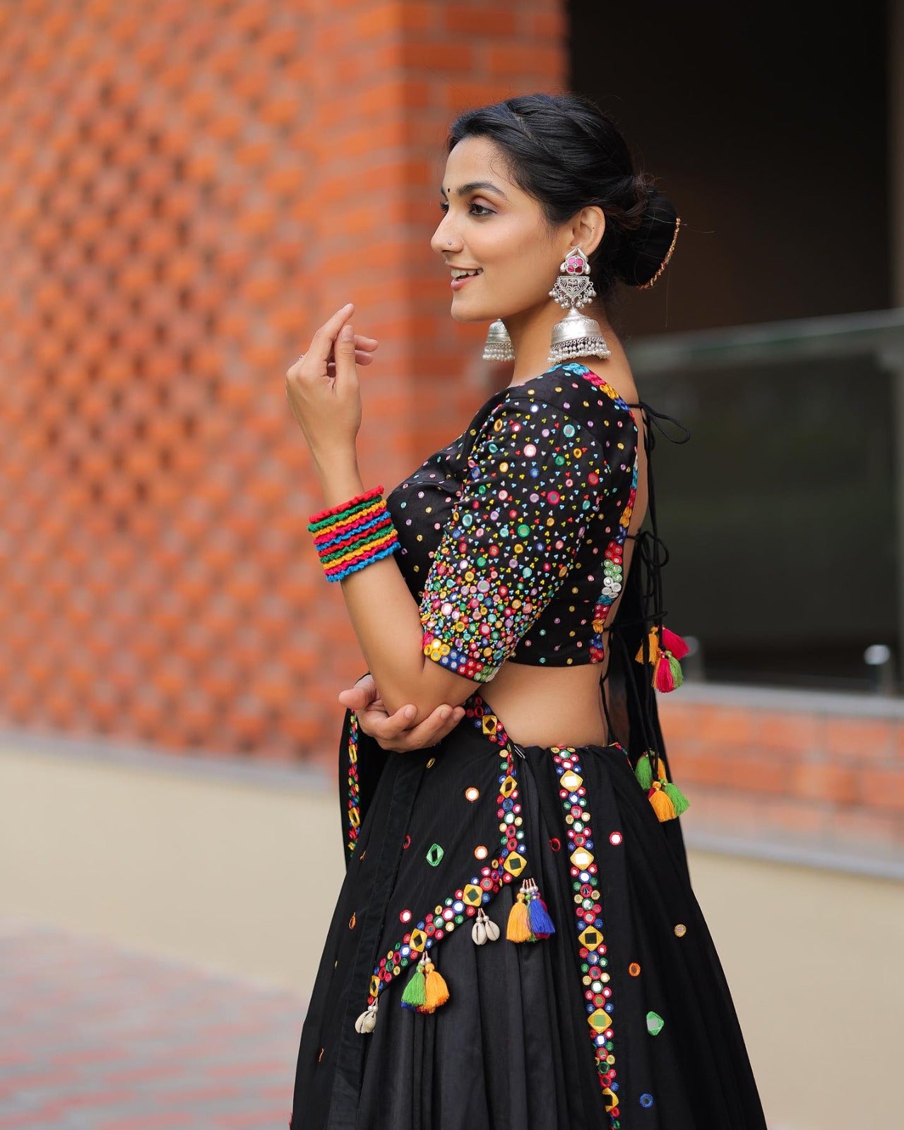 Elegant Black Floral Embroidered Lehenga with Mirror Work Blouse – Festive Wear"