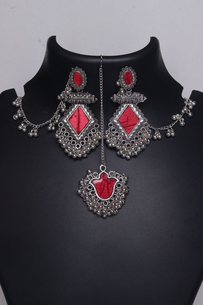 Tribal Style Oxidised Silver Necklace Set with Red Stone Detailing