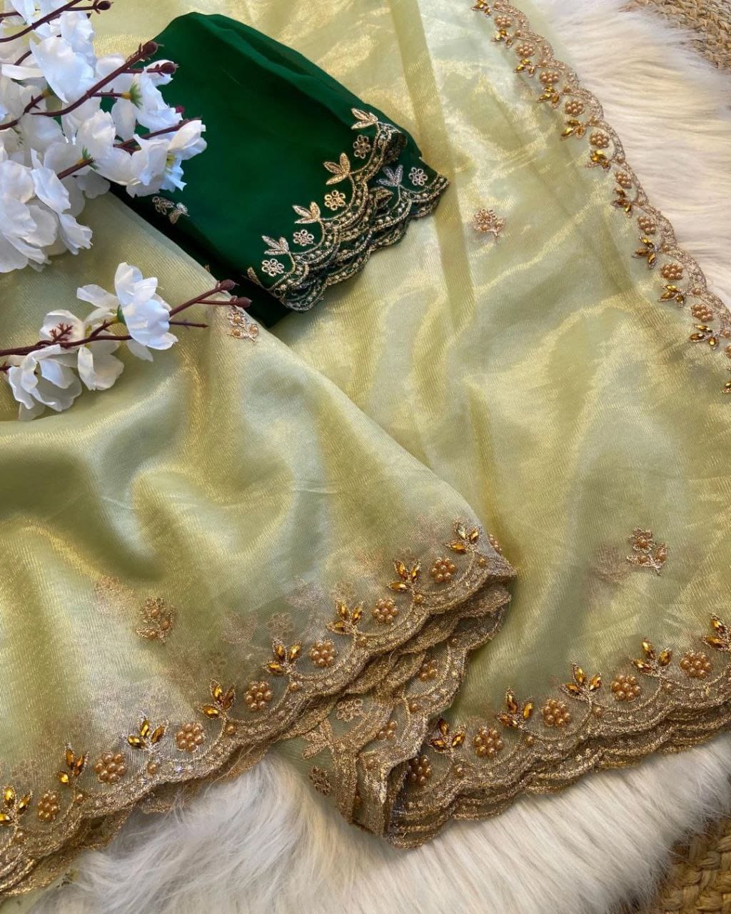 Elegant Light Pista Net Saree with Golden Embroidered Border & Contrast Green Blouse