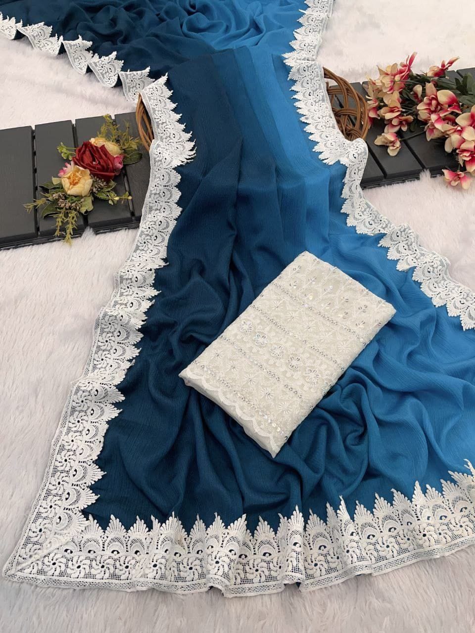 CHINNON PEDDING SAREE WITH WHITE CHIKKAN BLOUSE