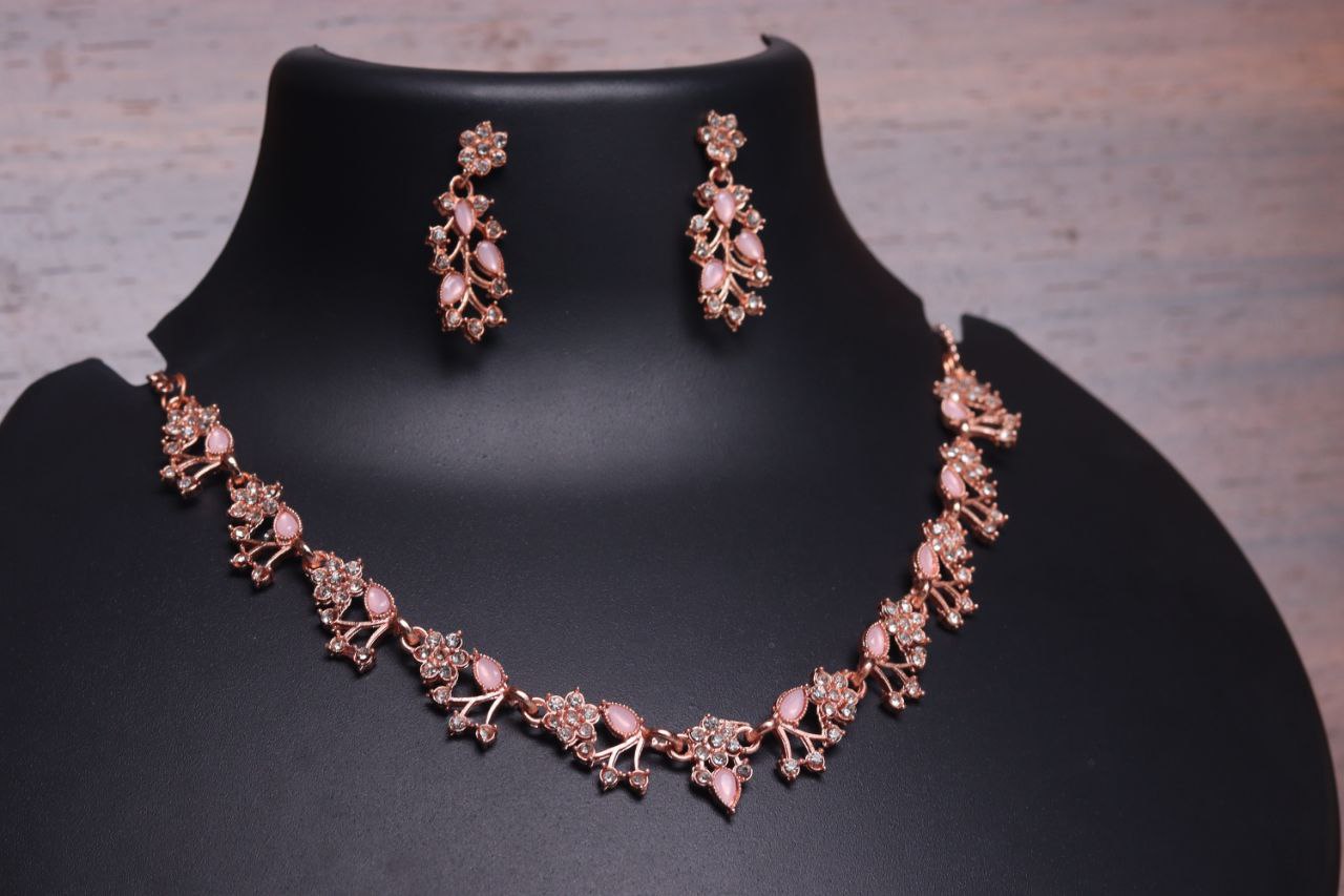Rose Gold-Plated Pink Stone & CZ Floral Necklace Set with Matching Earrings