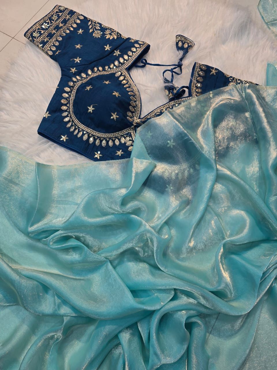 Space Silk Saree With Sequence Emrodairy Full Stiched Worked Blouse