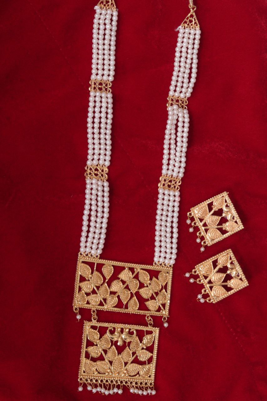Traditional Pearl Beaded Temple Design Necklace Set with Gold-Plated Leaf Motif Pendants & Earrings