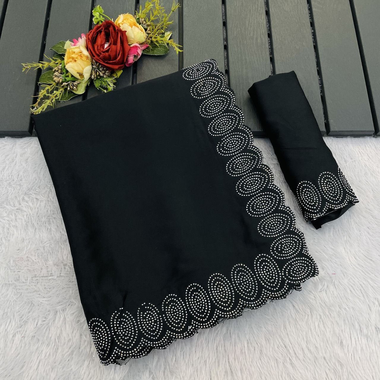 heavy satin designer saree adorned with a stunning hotfix diamond border & with jarkhan border saree