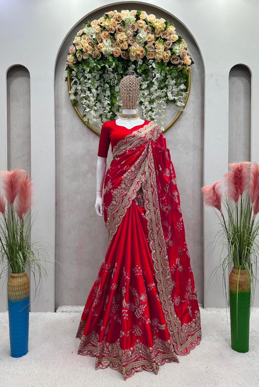 Regal Red Embroidered Bridal Saree with Golden Zari Work