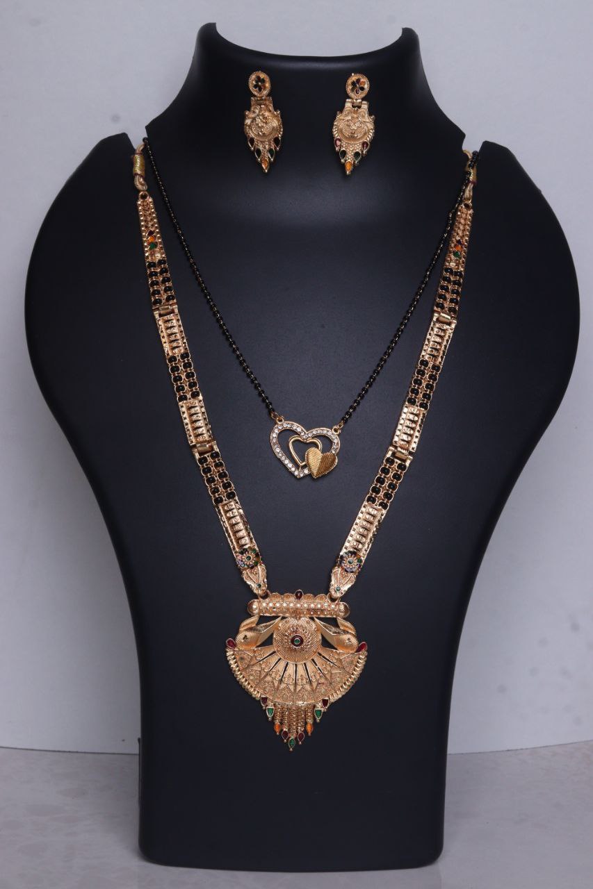 Traditional Gold-Plated Long Rani Haar Mangalsutra Set with Matching Earrings