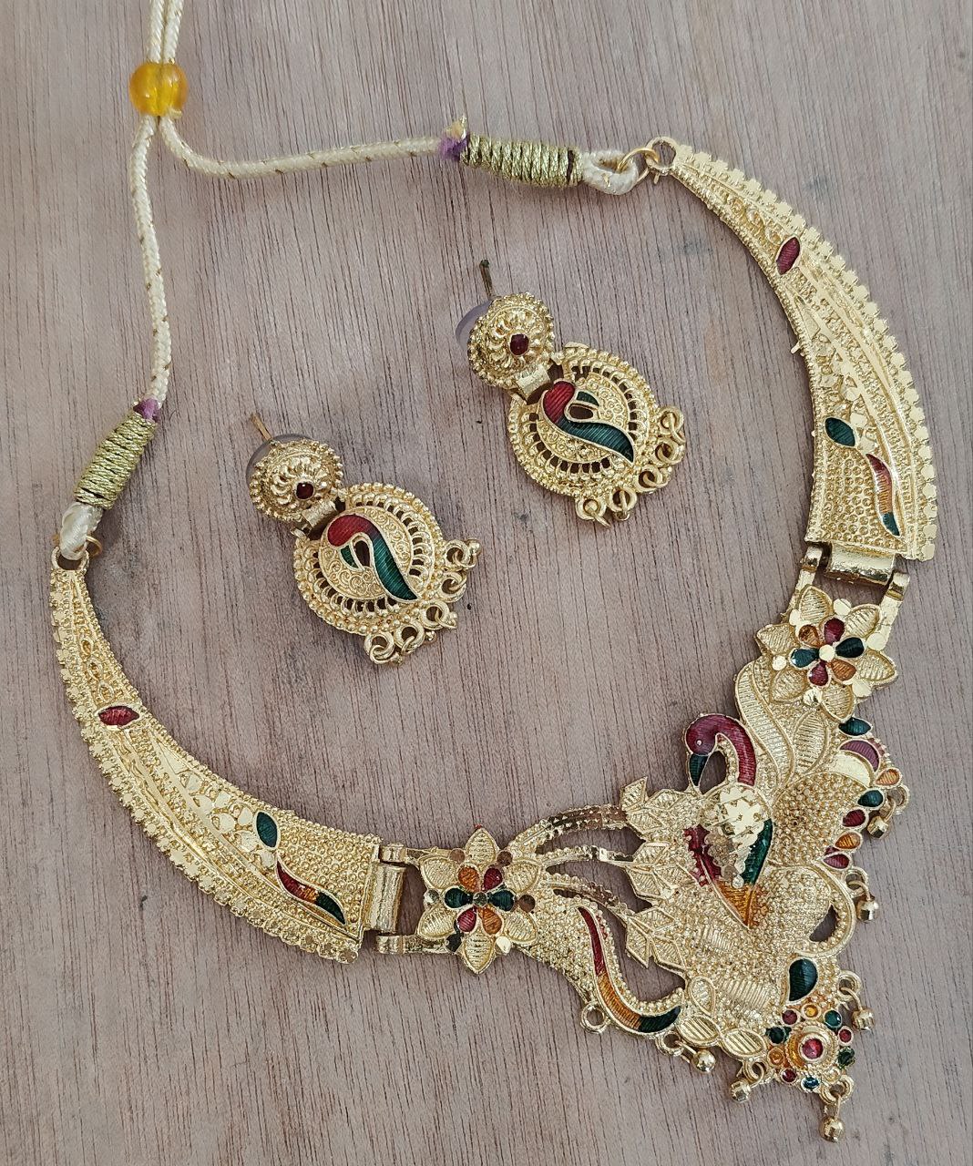 Traditional South Indian Gold-Plated Peacock Design Necklace Set with Matching Earrings – Temple Jewelry Style