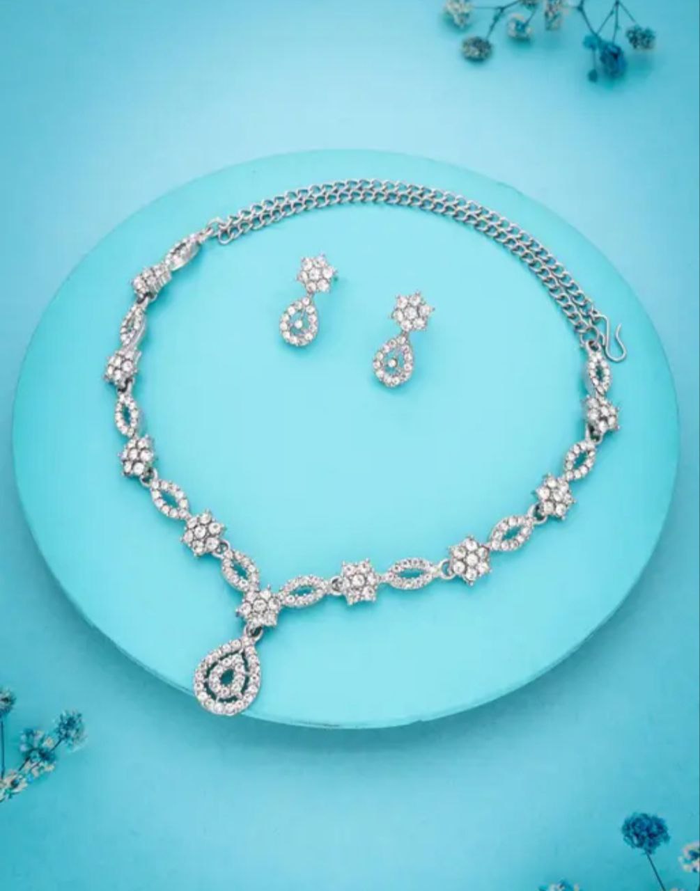Silver-Plated American Diamond Necklace Set with Drop Earrings for Women