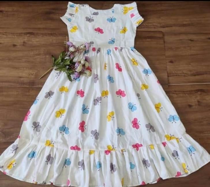 Butterfly Print Cotton Flared Dress – White | Ruffle Sleeves | Summer Casual Wear