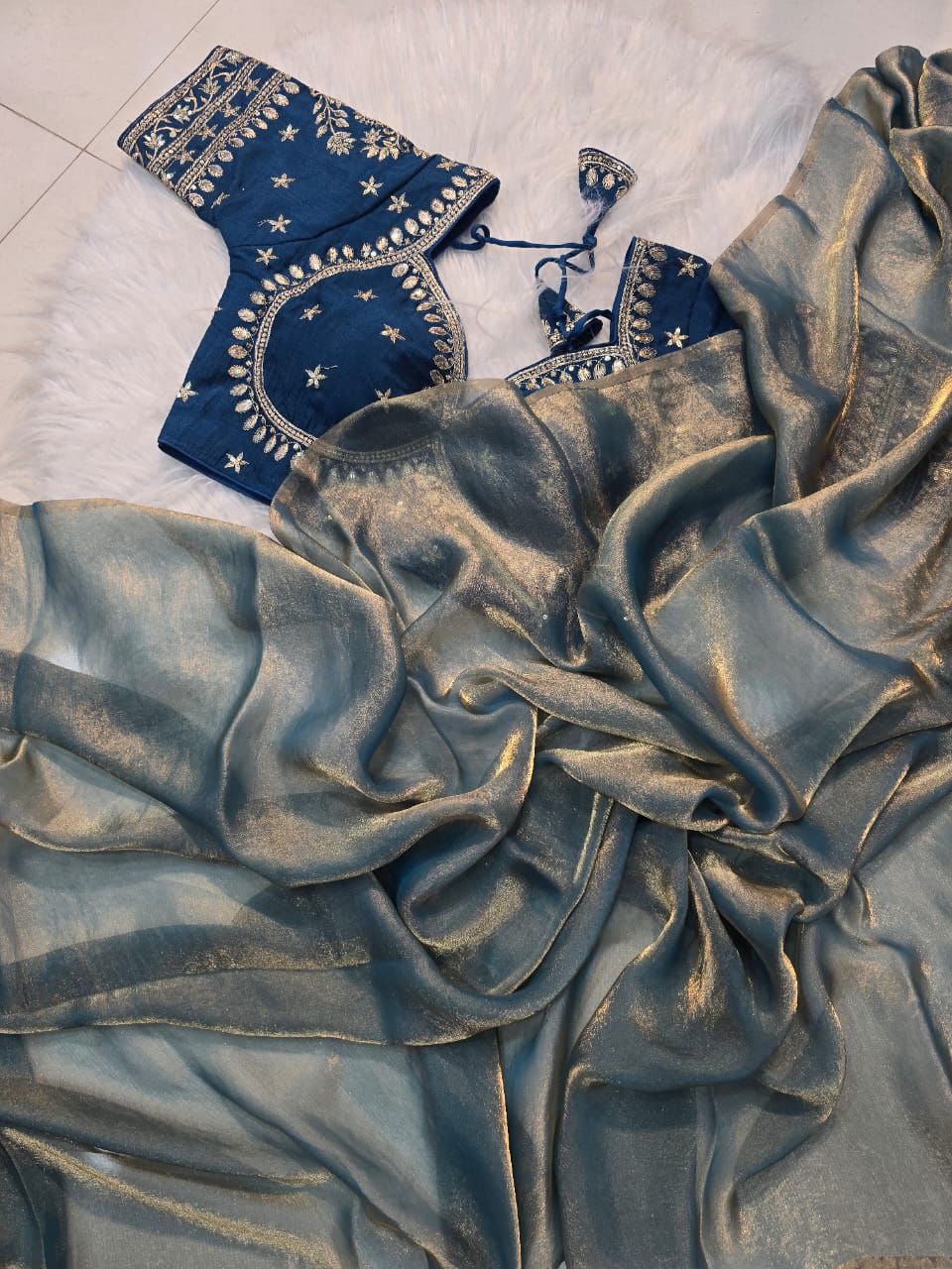 Space Silk Saree With Sequence Emrodairy Full Stiched Worked Blouse