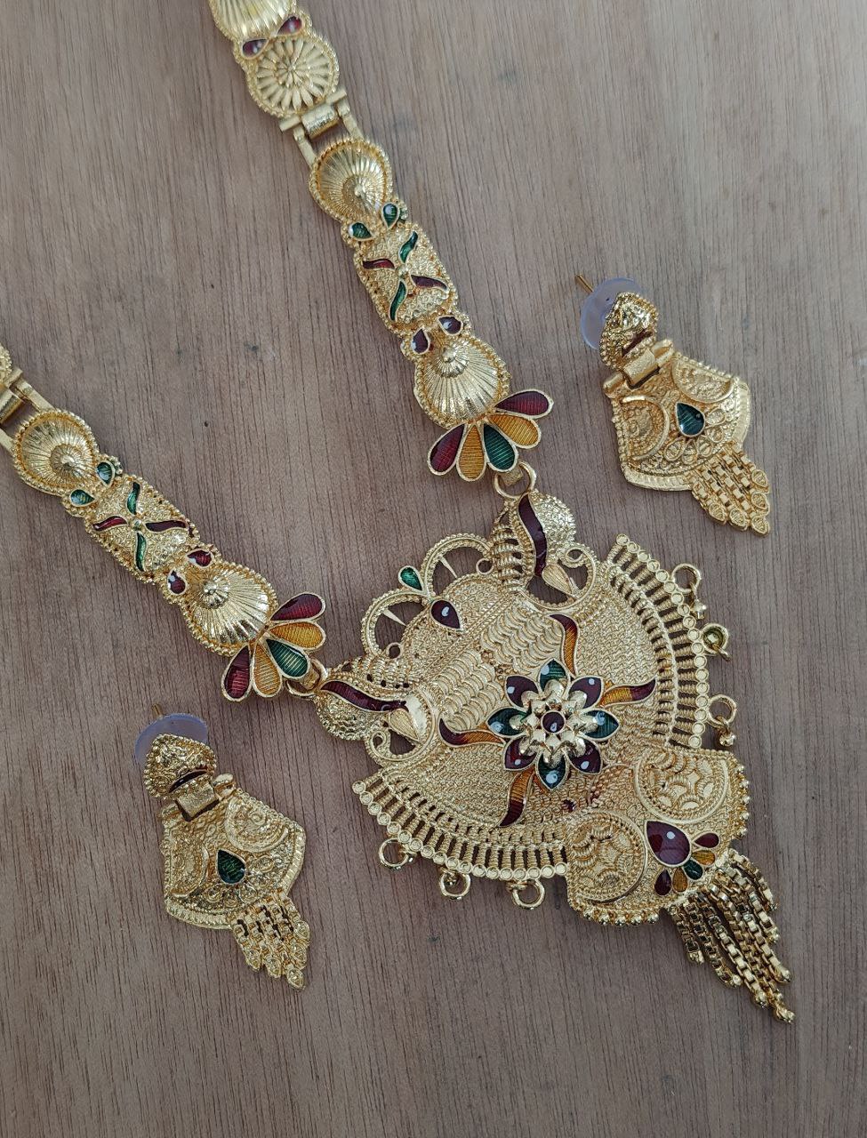 Traditional Gold-Plated Peacock Design Temple Necklace Set with Earrings for Women