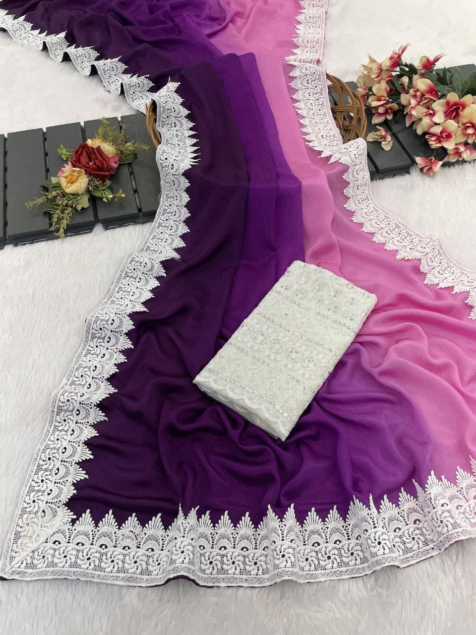 CHINNON PEDDING SAREE WITH WHITE CHIKKAN BLOUSE