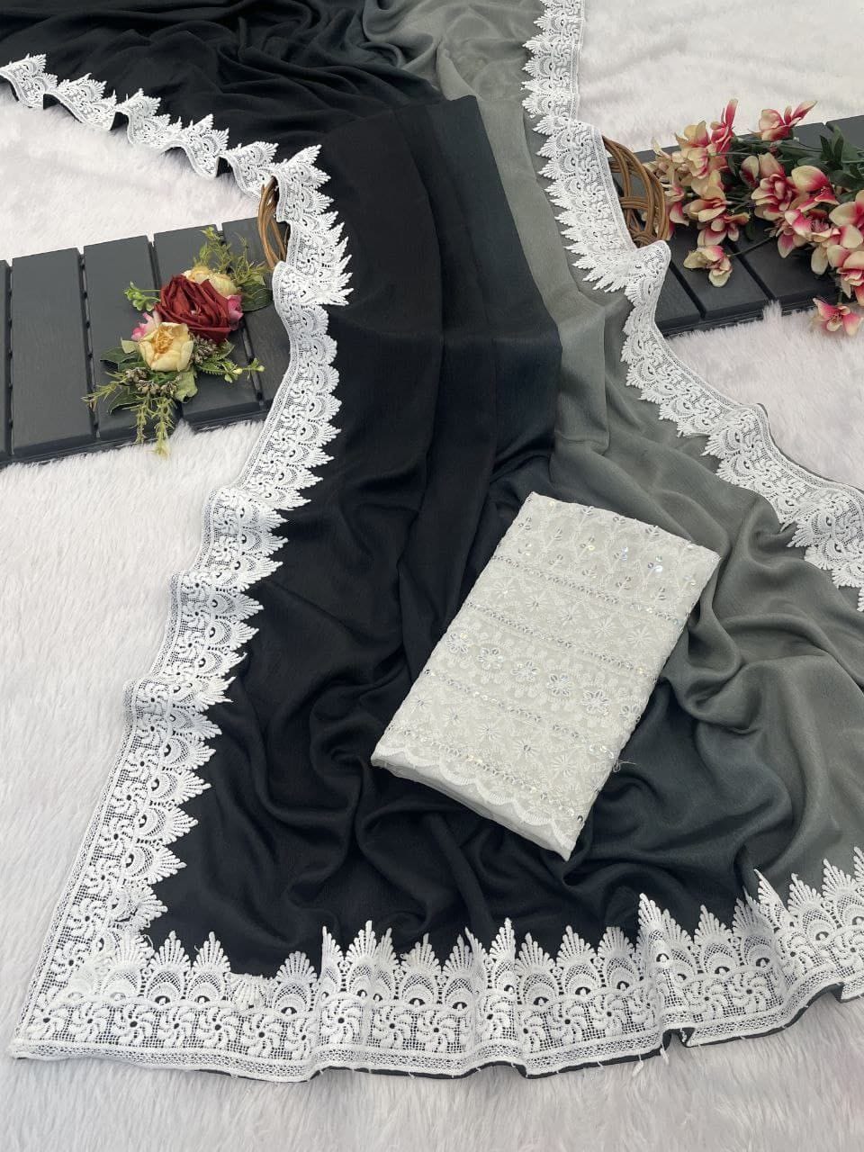 CHINNON PEDDING SAREE WITH WHITE CHIKKAN BLOUSE