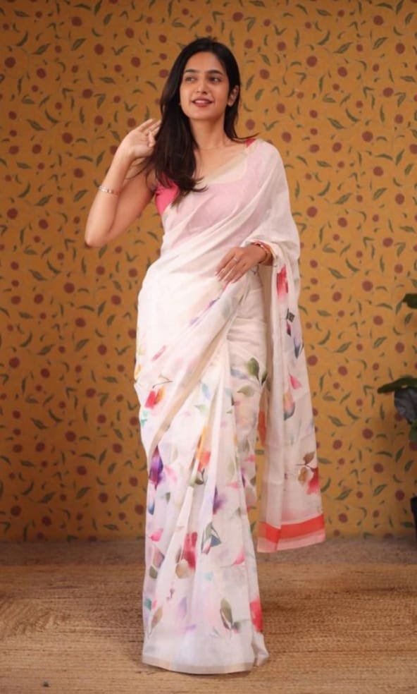 Elegant White Floral Printed Organza Saree with Pink Blouse – Lightweight & Festive Wear