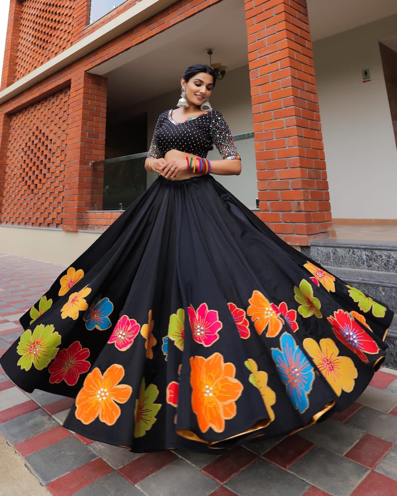 Elegant Black Floral Embroidered Lehenga with Mirror Work Blouse – Festive Wear"
