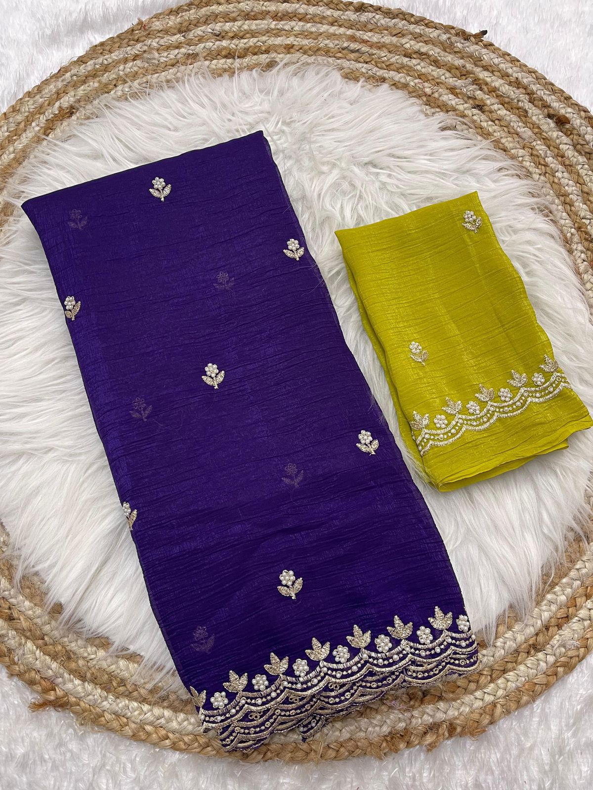 Elegant Purple and Green Crushed Silk Embroidered Saree with Contrasting Blouse Piece